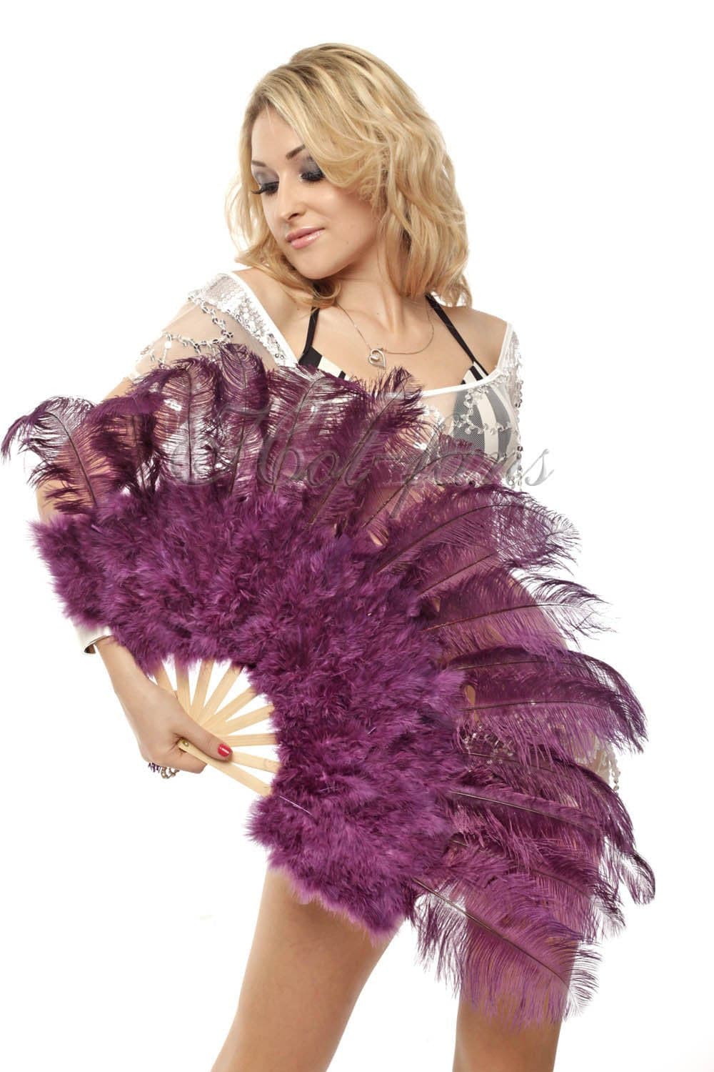 Drak purple Marabou Ostrich Feather fan 21"x 38" with Travel leather Bag.