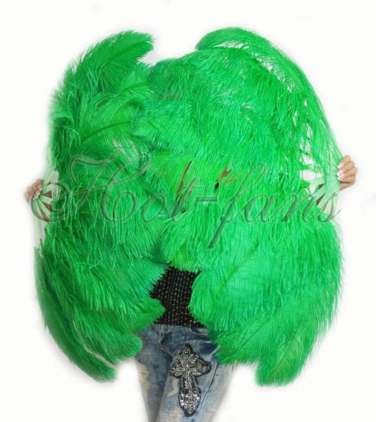 A pair emerald green Single layer Ostrich Feather fan 24"x 41" with leather travel Bag.