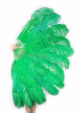 Load image into Gallery viewer, XL 2 Layers emerald green Ostrich Feather Fan 34''x 60'' with Travel leather Bag.
