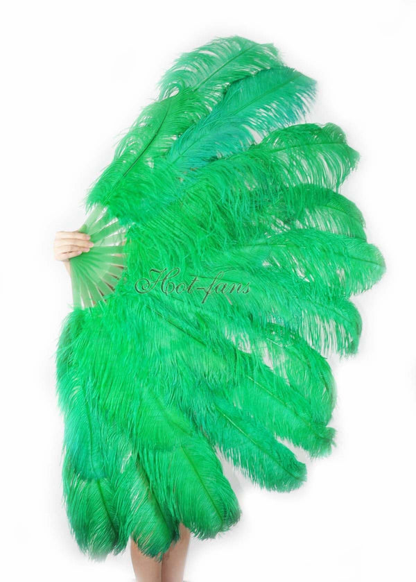Abanico XL 2 capas de plumas de avestruz verde esmeralda de 34''x 60 '' con bolsa de viaje de cuero.