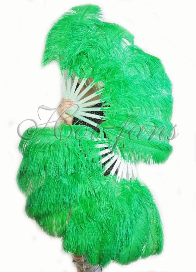 A pair emerald green Single layer Ostrich Feather fan 24"x 41" with leather travel Bag.