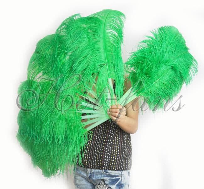 A pair emerald green Single layer Ostrich Feather fan 24"x 41" with leather travel Bag.