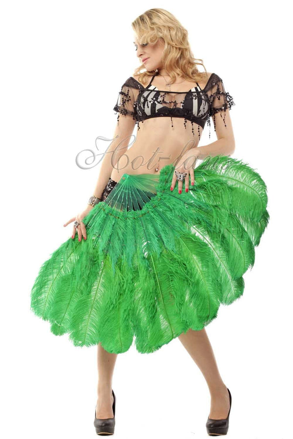 2 layers emerald green Ostrich Feather Fan 30"x 54" with leather travel Bag.