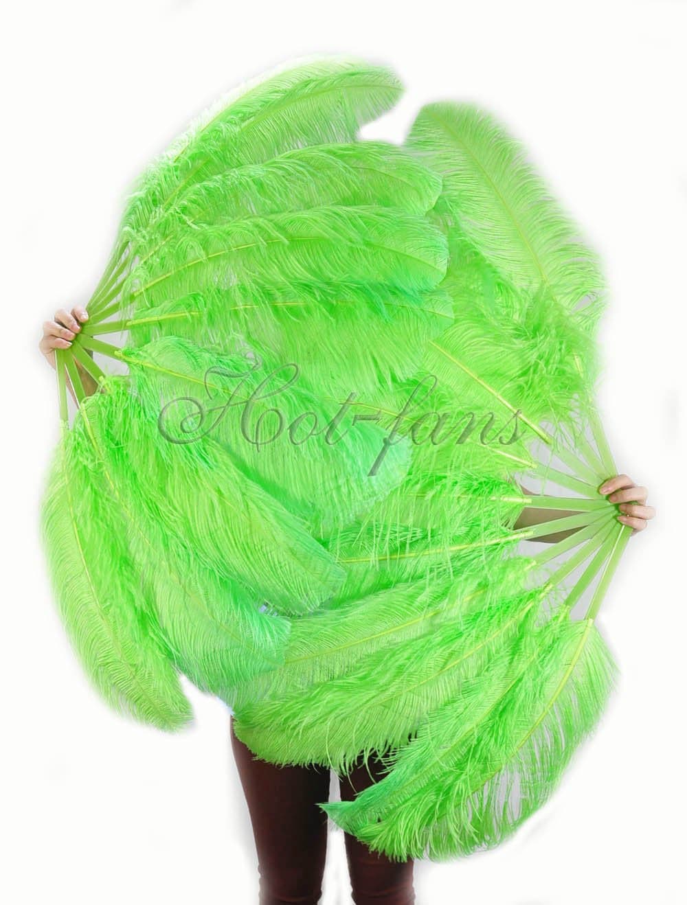 A pair fluorescent green Single layer Ostrich Feather fan 24"x 41" with leather travel Bag.