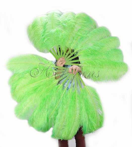 A pair fluorescent green Single layer Ostrich Feather fan 24"x 41" with leather travel Bag.