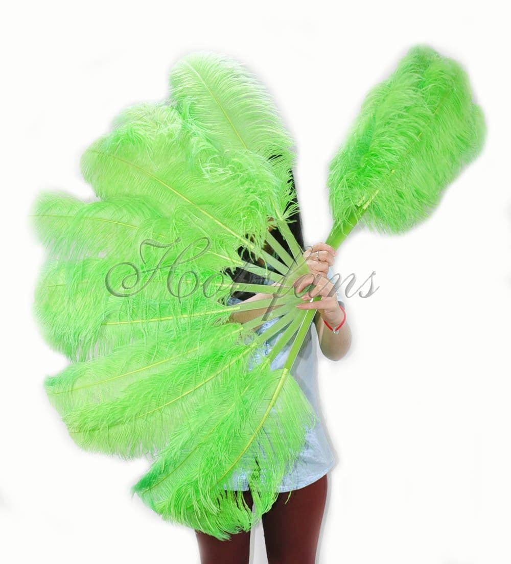 A pair fluorescent green Single layer Ostrich Feather fan 24"x 41" with leather travel Bag.