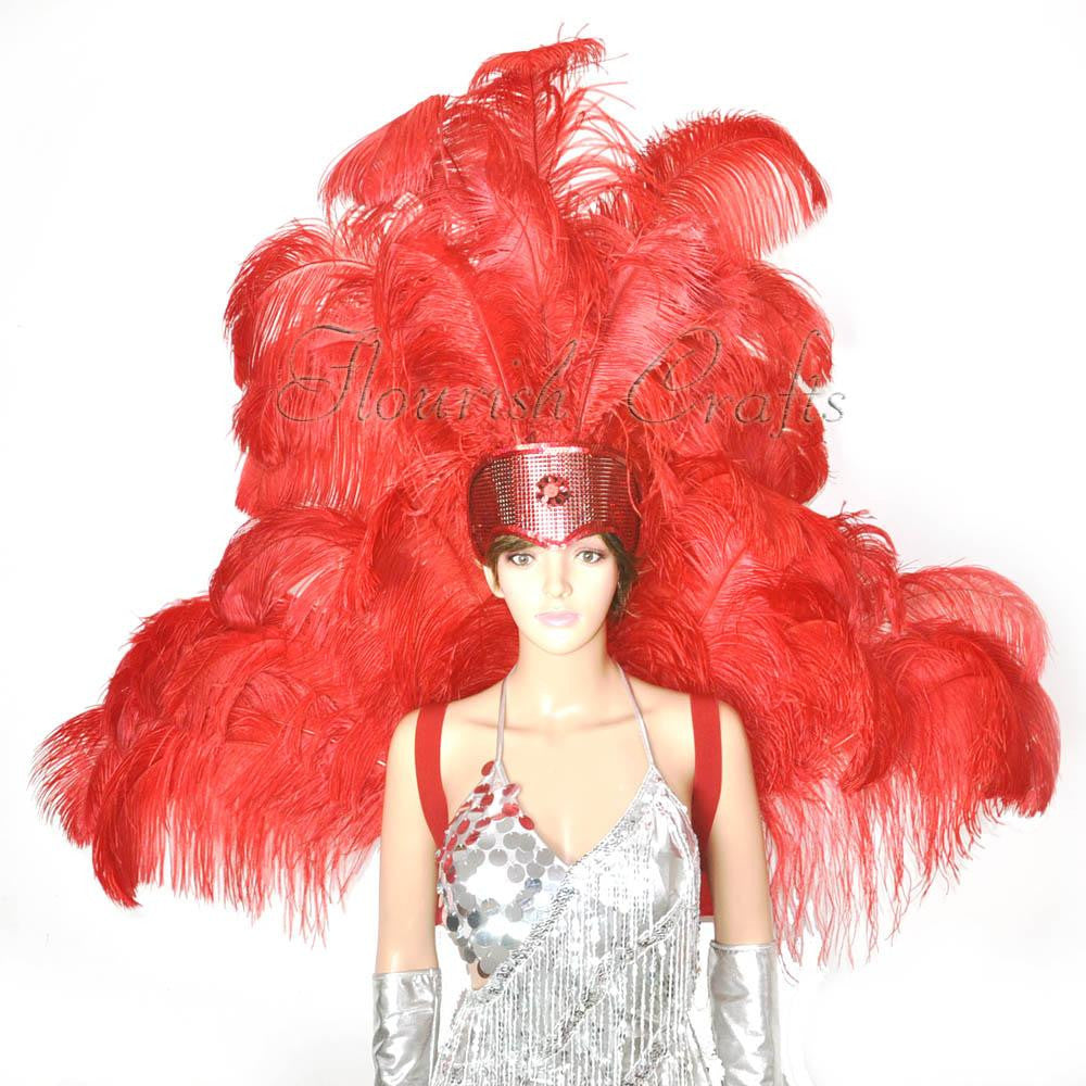 Red Ostrich Feather Open Face Headdress & backpiece Set.