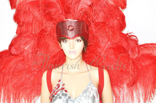 Red Ostrich Feather Open Face Headdress & backpiece Set.