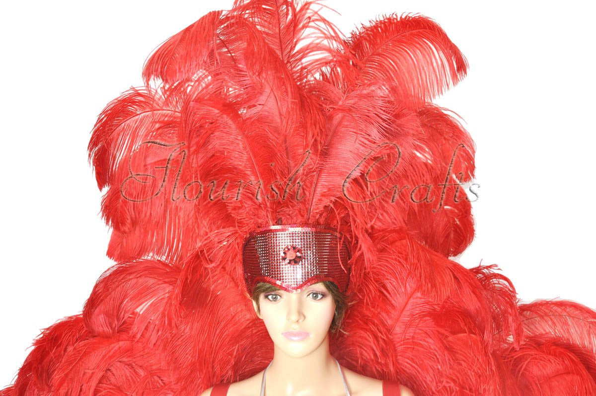 Red Ostrich Feather Open Face Headdress & backpiece Set.