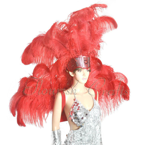 Red Ostrich Feather Open Face Headdress & backpiece Set.
