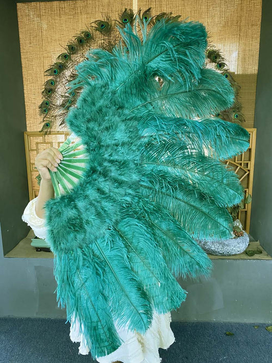 Forest green Marabou Ostrich Feather fan 24"x 43" with Travel leather Bag.