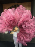 Load image into Gallery viewer, XL 2 Layers fuchsia Ostrich Feather Fan 34''x 60'' with Travel leather Bag.
