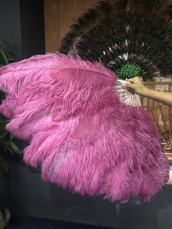 XL 2 Layers fuchsia Ostrich Feather Fan 34''x 60'' with Travel leather Bag.