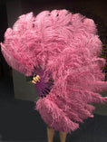 Load image into Gallery viewer, A pair fuchsia Single layer Ostrich Feather fan 24"x 41" with leather travel Bag.
