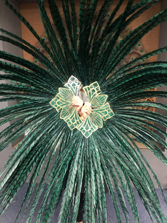 huge Forest Green Tall Pheasant Feather Fan Burlesque Perform Friend.