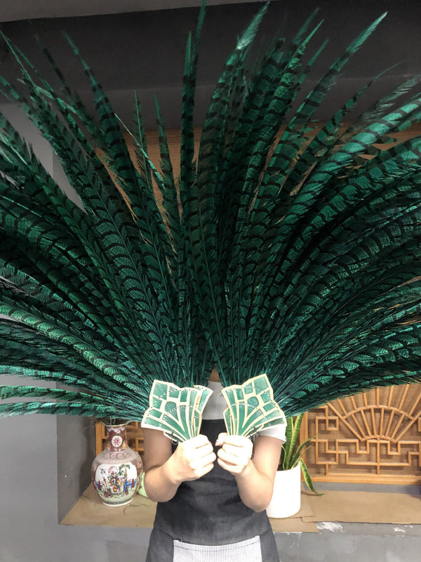 enorm Forest Green Tall Pheasant Feather Fan Burlesque Perform Friend.