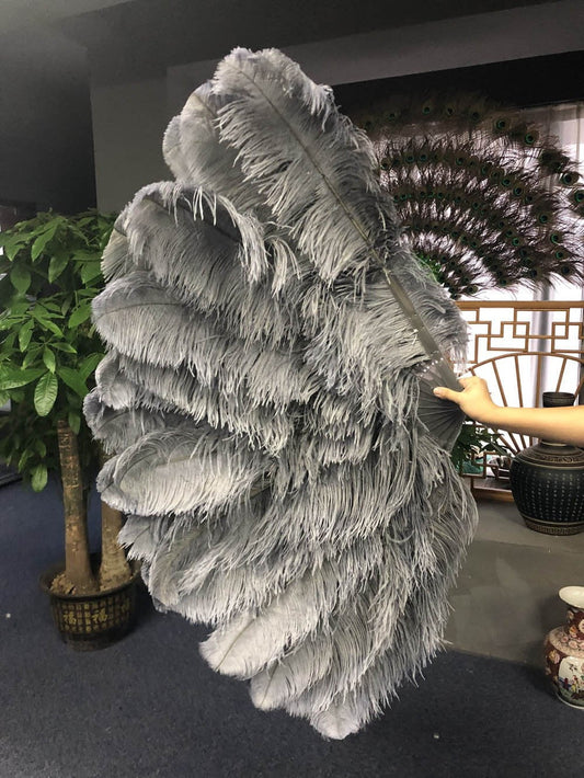 Dark grey 3 Layers Ostrich Feather Fan Opened 65" with Travel leather Bag.