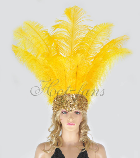 Gold yellow Showgirl Open Face Ostrich feather Headdress.