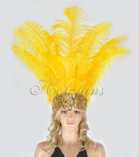 Tocado de plumas de avestruz de cara abierta Showgirl amarillo dorado.