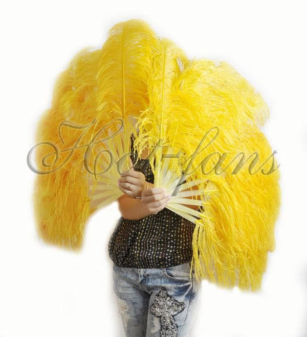 A pair Gold yellow Single layer Ostrich Feather fan 24