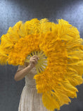 Load image into Gallery viewer, Gold yellow Marabou Ostrich Feather fan 21"x 38" with Travel leather Bag.
