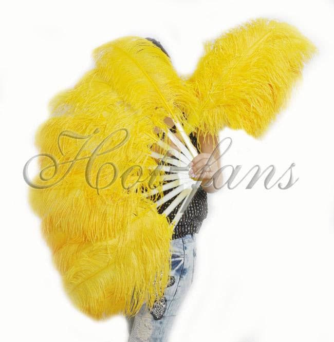 A pair Gold yellow Single layer Ostrich Feather fan 24"x 41" with leather travel Bag.