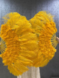 Load image into Gallery viewer, Gold yellow Marabou Ostrich Feather fan 21"x 38" with Travel leather Bag.
