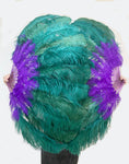 Load image into Gallery viewer, Mix lavender & forest green 2 Layers Ostrich Feather Fan 30''x 54'' with Travel leather Bag.
