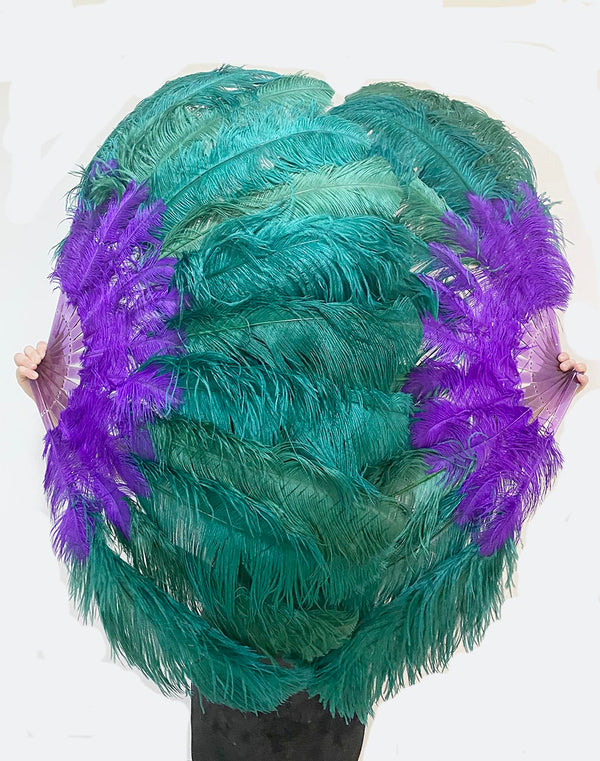 Mezcle el abanico de plumas de avestruz de 2 capas de color lavanda y verde bosque de 30&#39;&#39;x 54&#39;&#39; con bolsa de cuero de viaje.