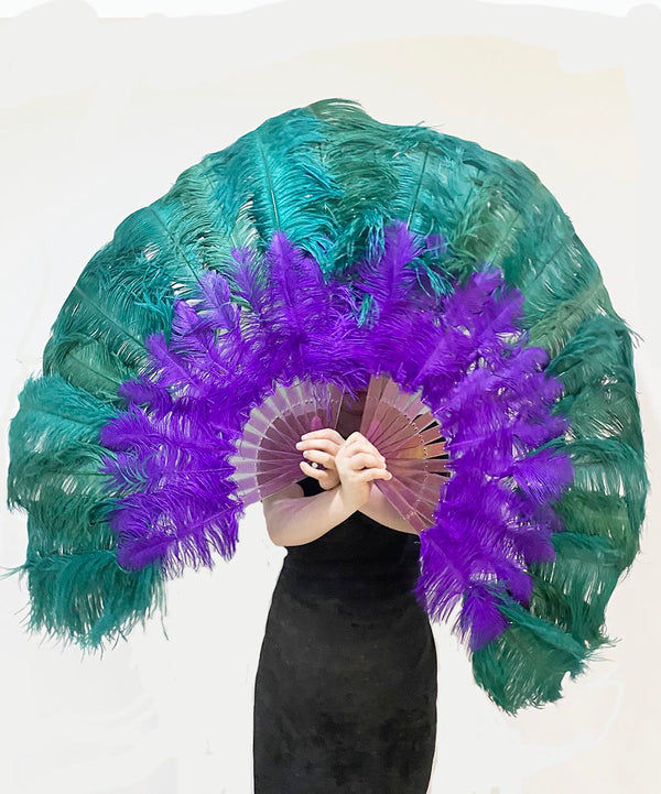 Mix lavender & forest green 2 Layers Ostrich Feather Fan 30''x 54'' with Travel leather Bag.