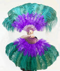 Load image into Gallery viewer, Mix lavender & forest green 2 Layers Ostrich Feather Fan 30''x 54'' with Travel leather Bag.
