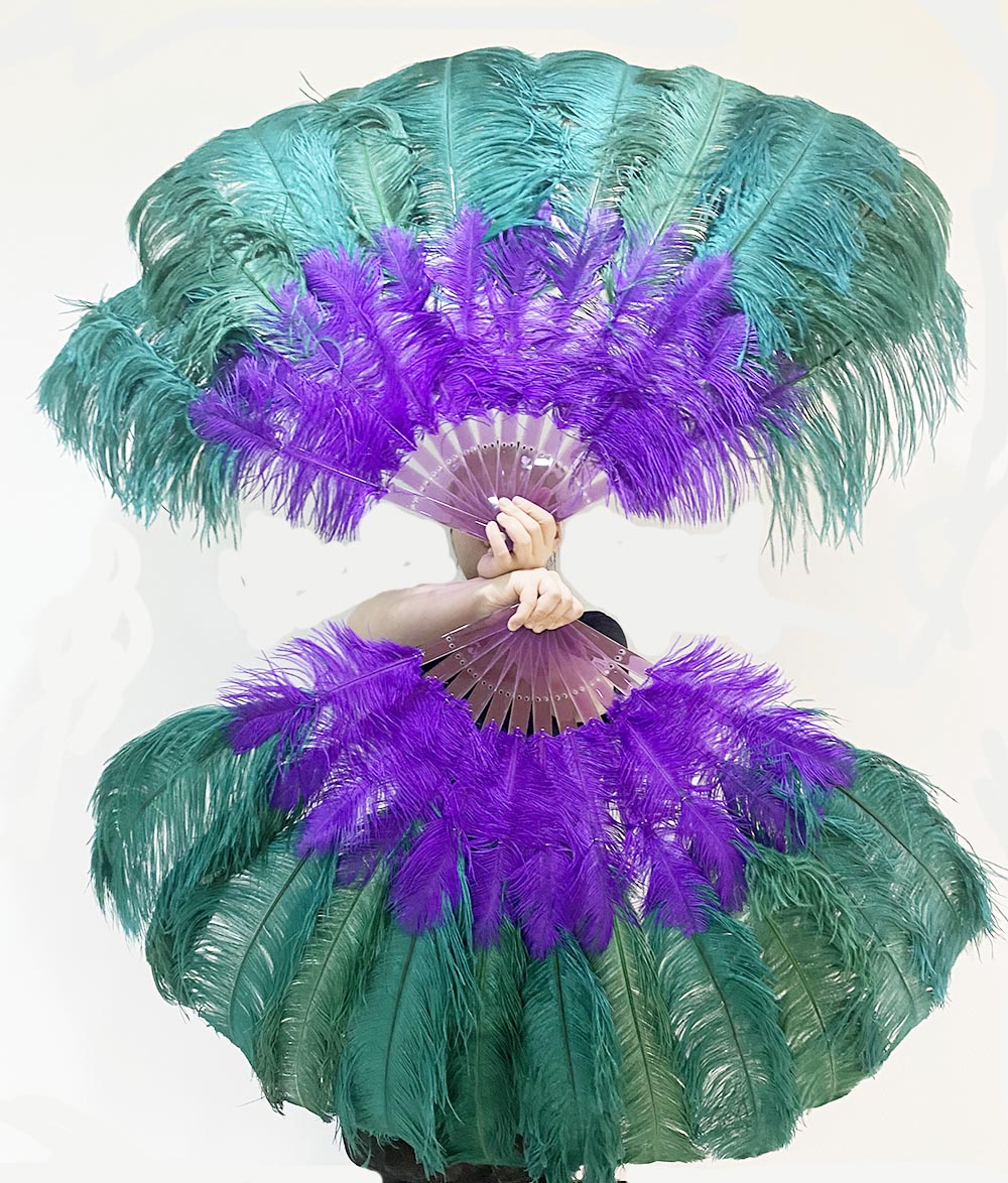 Mix lavender & forest green 2 Layers Ostrich Feather Fan 30''x 54'' with Travel leather Bag.