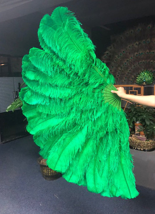 Green 3 Layers Ostrich Feather Fan Opened 65" with Travel leather Bag.