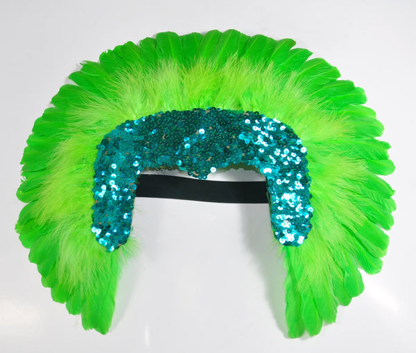 Corona de lentejuelas de plumas verdes tocado de tocado de bailarina corista de las vegas.