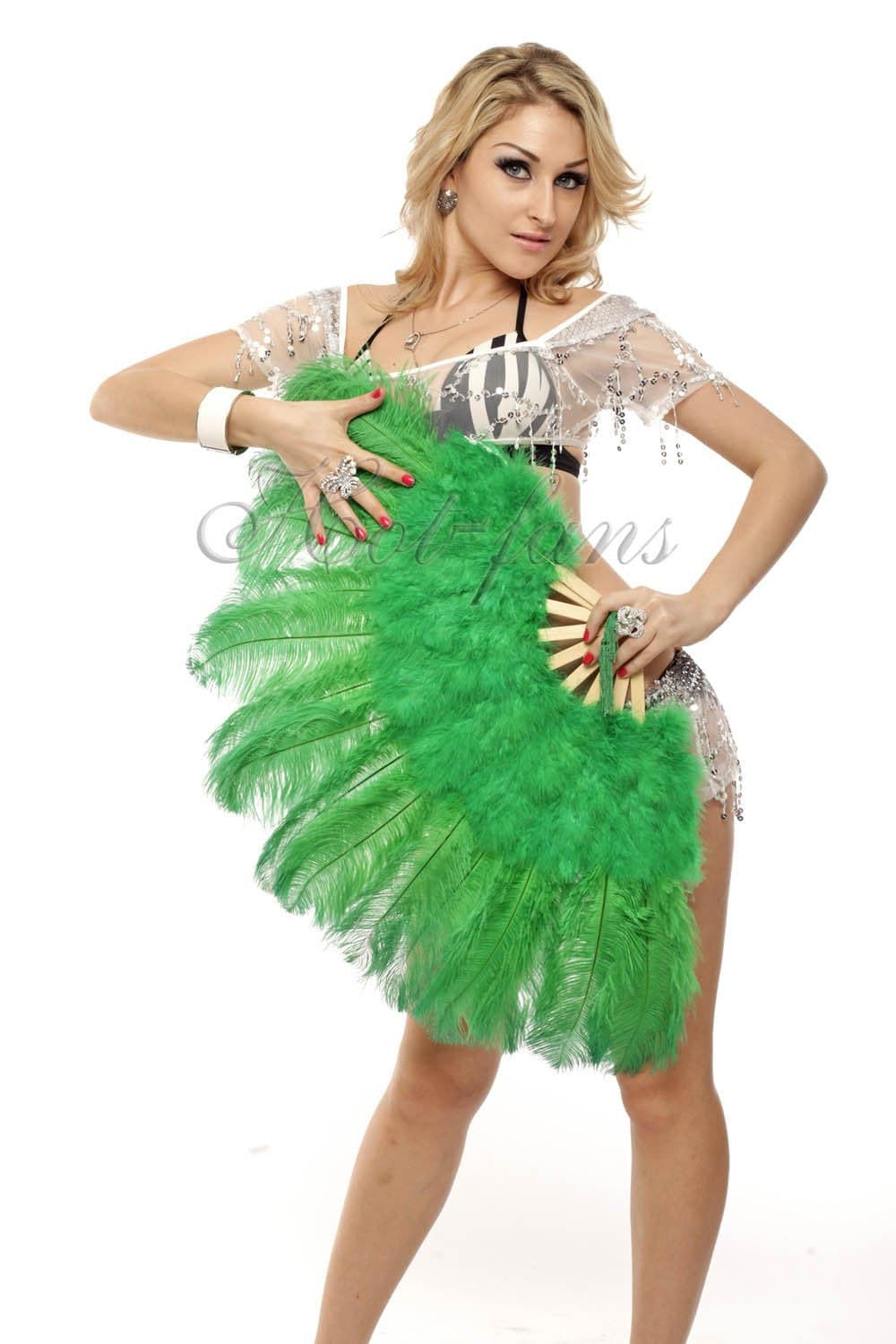 Green Marabou Ostrich Feather fan 21"x 38" with Travel leather Bag.