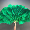 Green 3 Layers Ostrich Feather Fan Opened 65" with Travel leather Bag.