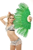 Load image into Gallery viewer, Green Marabou Ostrich Feather fan 21"x 38" with Travel leather Bag.
