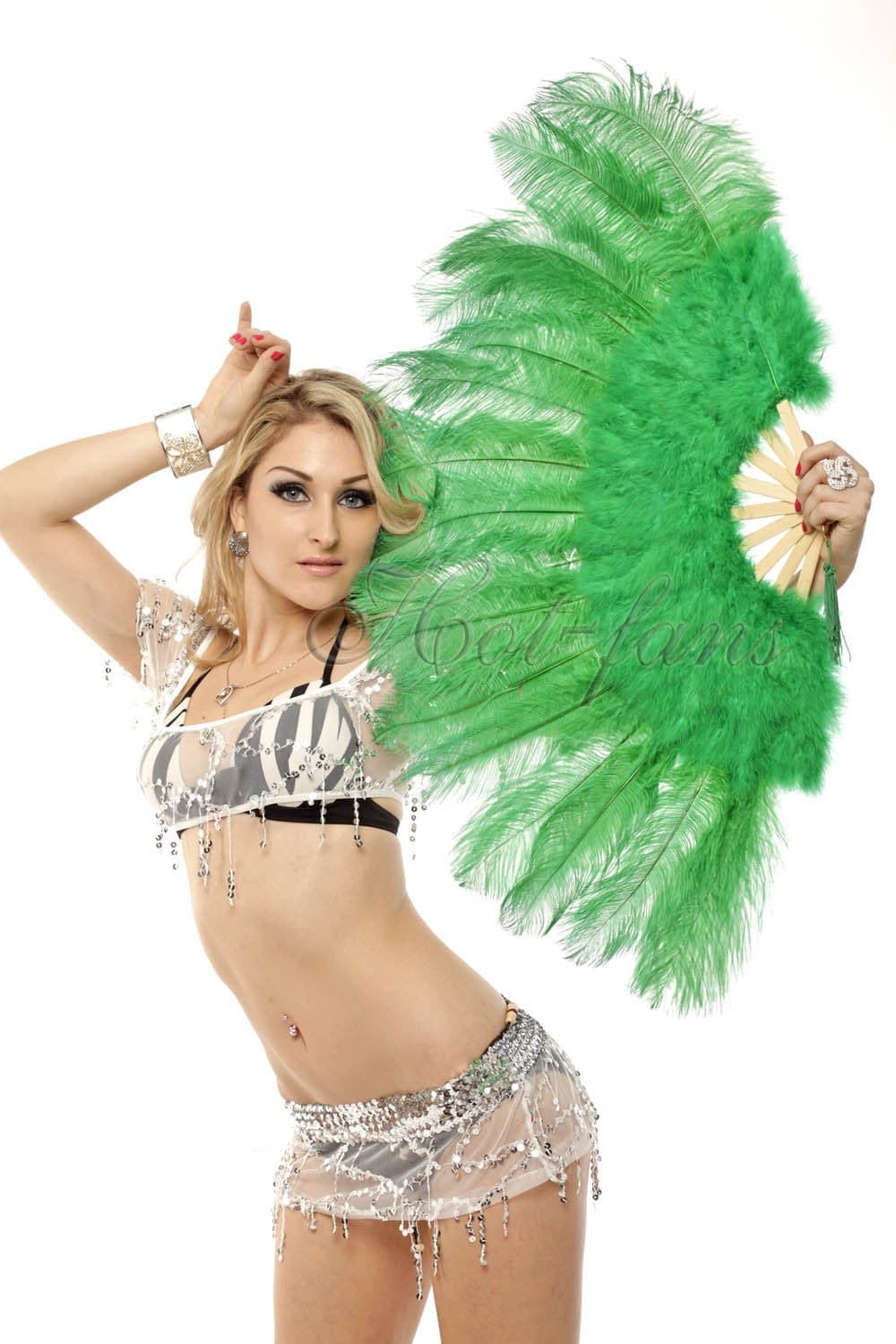 Green Marabou Ostrich Feather fan 21"x 38" with Travel leather Bag.