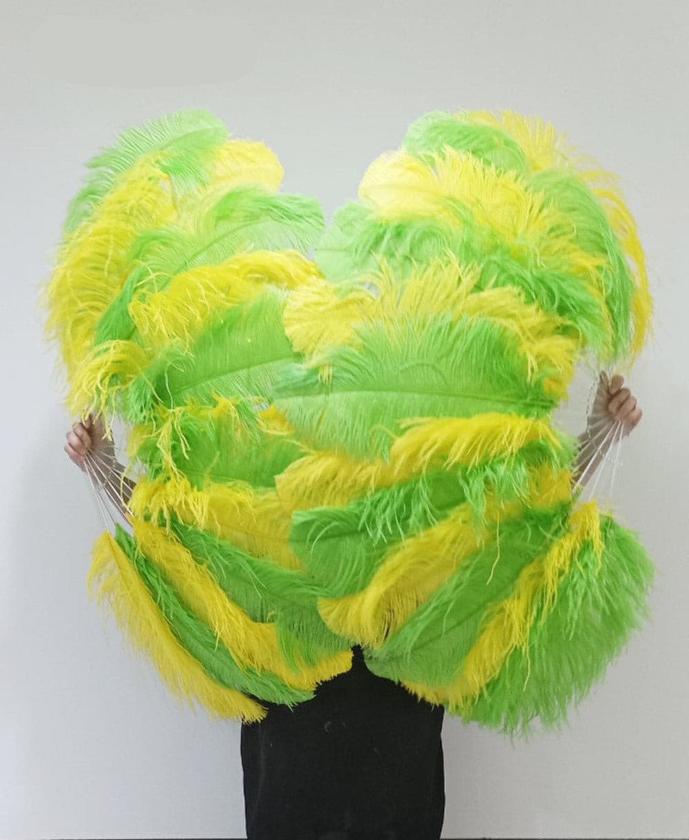 Mix yellow & green single layer Ostrich Feather Fan with leather travel Bag 25"x 45".