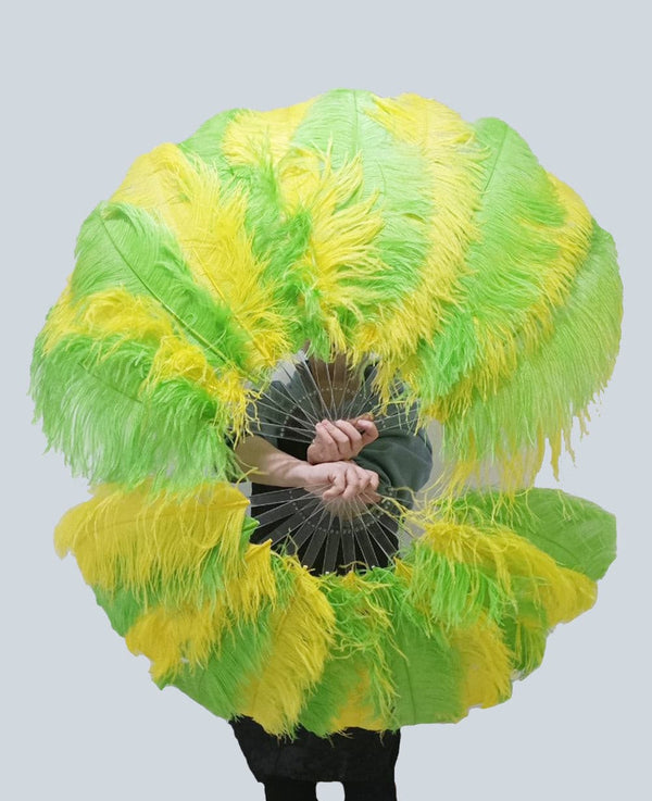 Mix yellow & green single layer Ostrich Feather Fan with leather travel Bag 25"x 45".