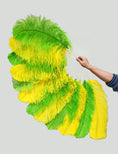 Load image into Gallery viewer, Mix yellow & green single layer Ostrich Feather Fan with leather travel Bag 25"x 45".
