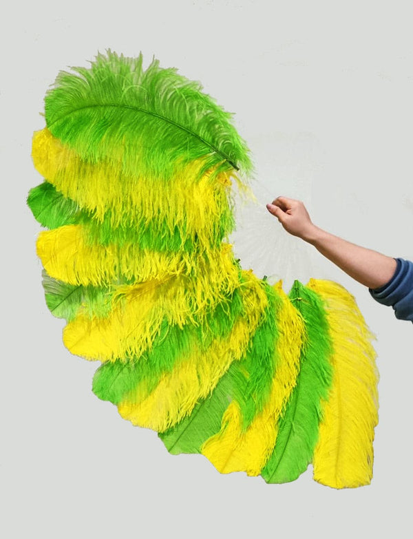 Abanico de plumas de avestruz monocapa amarillo y verde con bolsa de viaje de piel 25