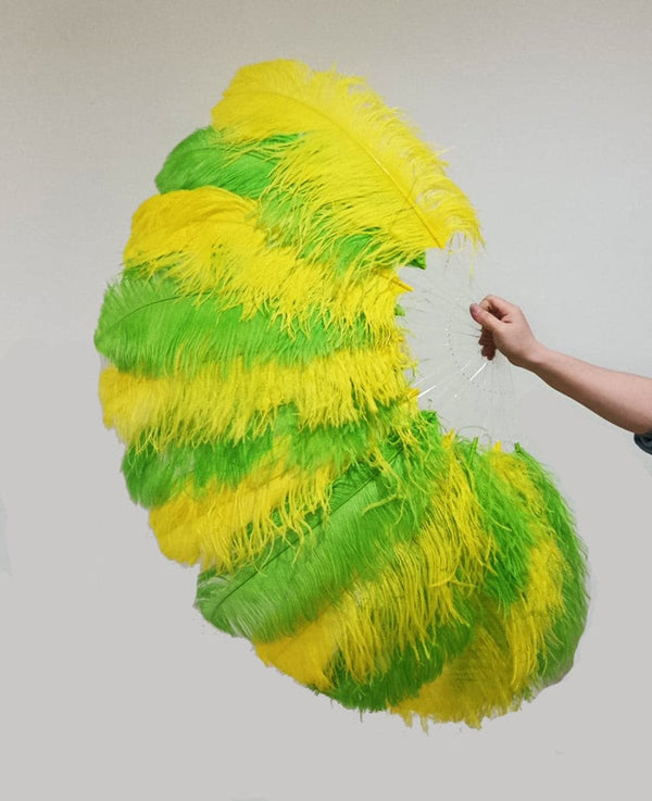 Abanico de plumas de avestruz monocapa amarillo y verde con bolsa de viaje de piel 25