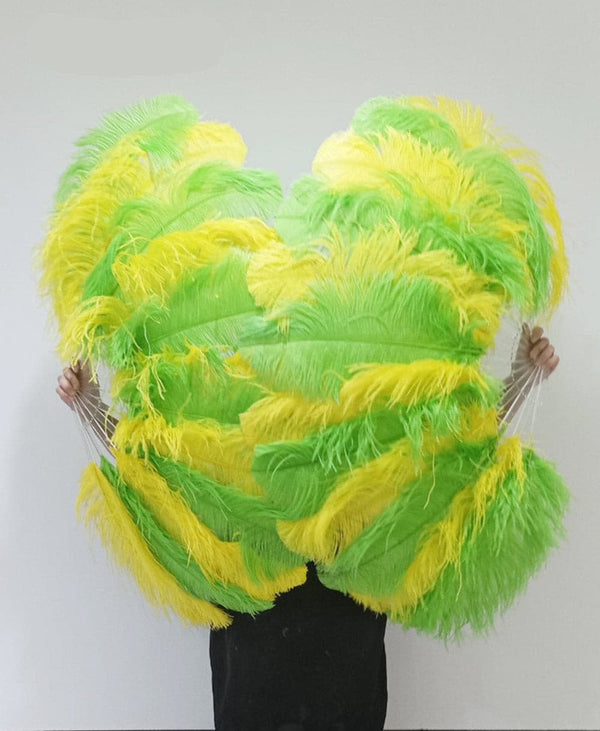 Abanico de plumas de avestruz de una sola capa en mezcla de amarillo y verde con bolsa de viaje de cuero 25