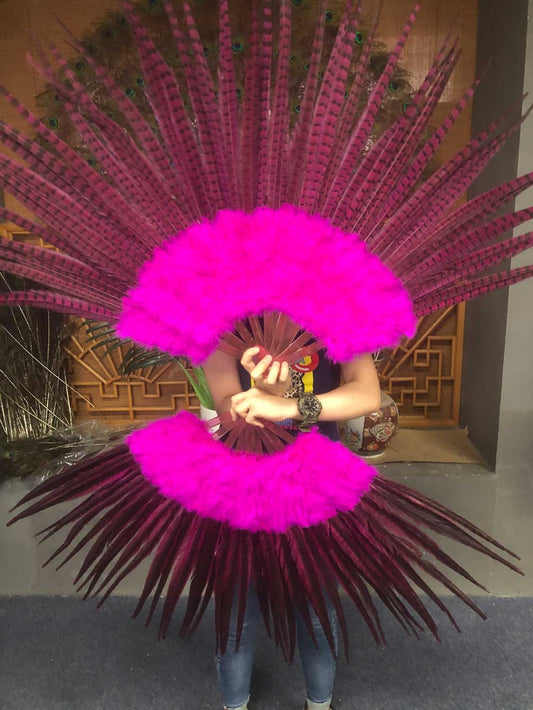 Hot pink Marabou & Pheasant Feather Fan 29"x 53" with Travel leather Bag.