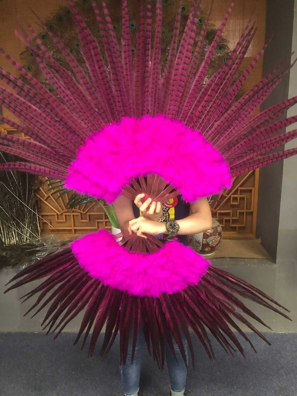 Hot pink Marabou & Pheasant Feather Fan 29 "x 53" with Travel Leather Bag.