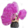 Un par de abanicos de plumas de avestruz de una sola capa de color rosa fuerte de 24 &quot;x 41&quot; con bolsa de viaje de cuero.
