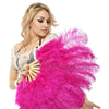Abanico de plumas de avestruz de marabú rosa intenso de 21&quot;x 38&quot; con bolsa de viaje de cuero.