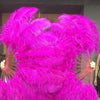 Abanico de plumas de avestruz de una sola capa, color rosa fuerte, completamente abierto 180 ° con bolsa de cuero de viaje.