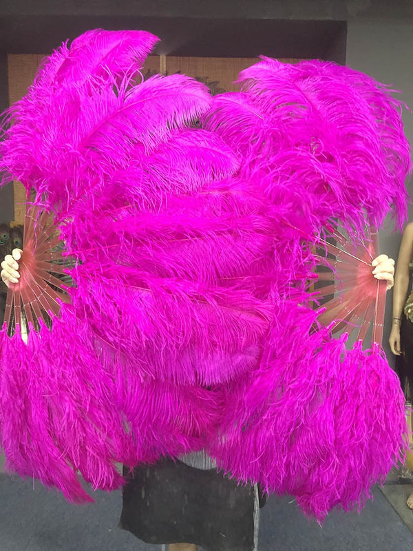 Hot pink single layer Ostrich Feather Fan Full open 180 ° with Travel leather Bag.